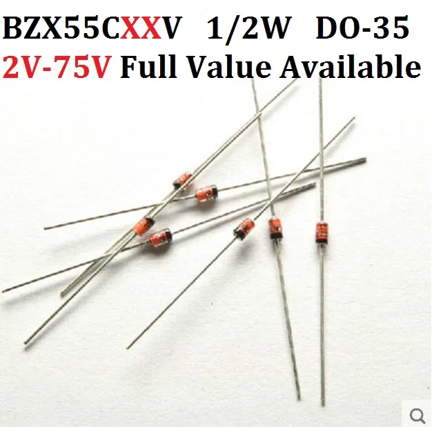 100pcs 1/2W Zener Diode DO-35 BZX55C2V2 2V 2.2/2.4/2.7/3/3.3/3.6/3.9/4.3/4.7/5.1/5.6/6.2/6.8/7.5/8.2/9.1/V  10V 11V 12V 13V 15V