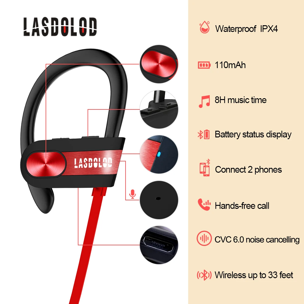 Lasdolod Bluetooth наушники спортивные беспроводной с микрофоном Красный HI Fi гарнитура