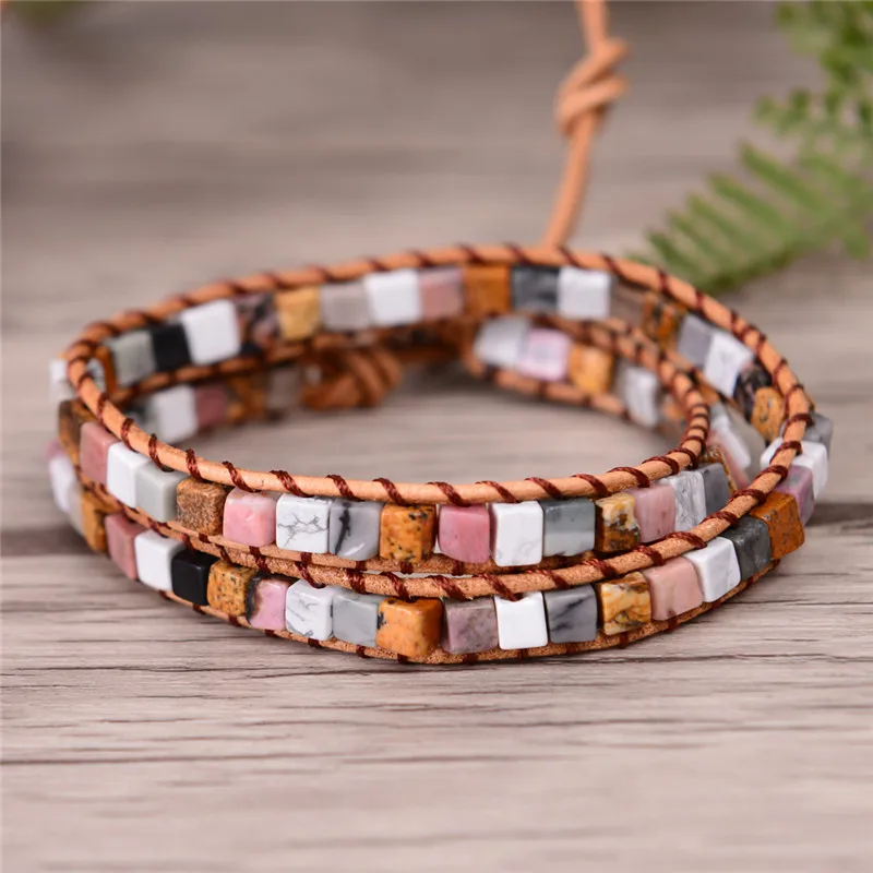 New Women Leather Bracelets High End Mix Natural Stones 2 Strands Wrap Bracelets Vintage Weaving