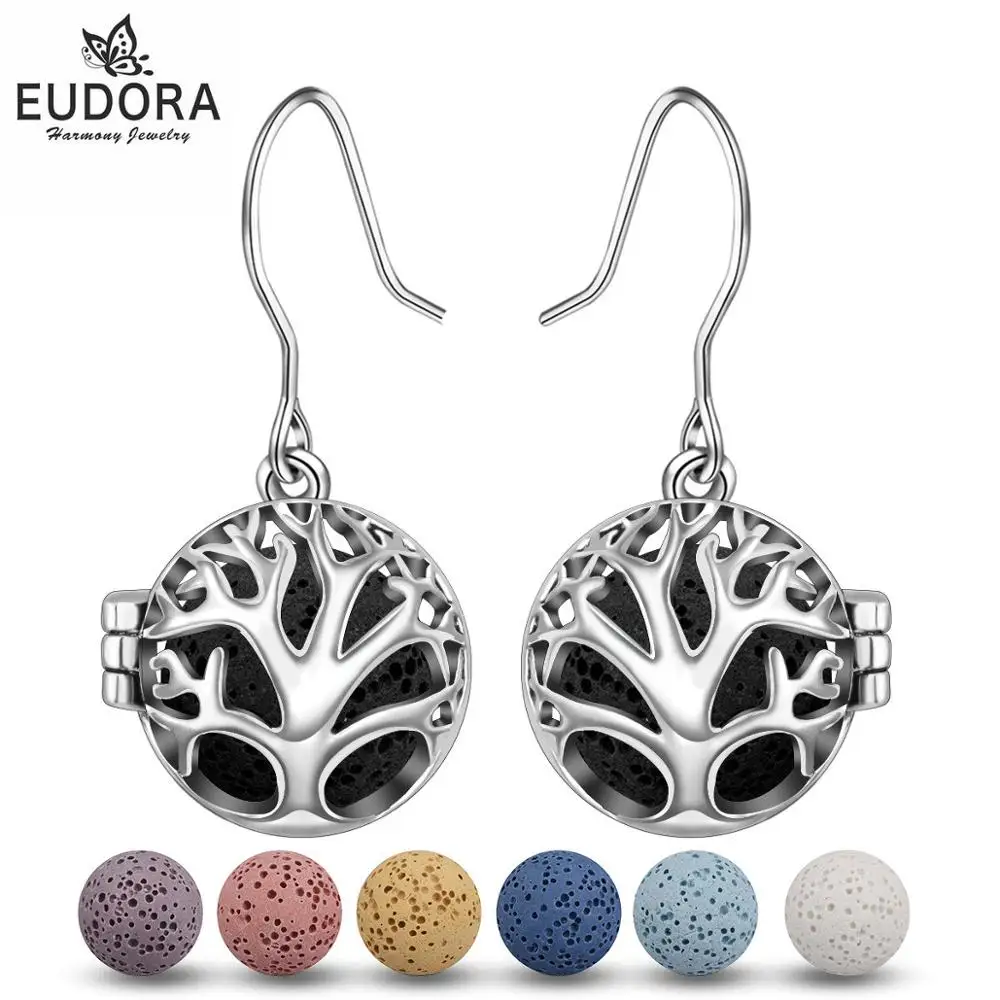 

EUDORA 12mm Lava Stone Essential Oil Diffuser Locket Earring Hollow Out Earrings Tree of life Locket Drop Earring Women Jewelry