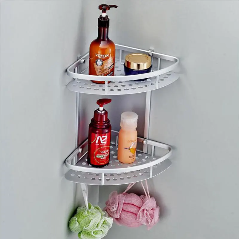 

Home Hook Shower Storage 2 Layer Bath Corner Shelf Wall Mounted Aluminum Basket Shelves Bathroom Accessories 8007A16