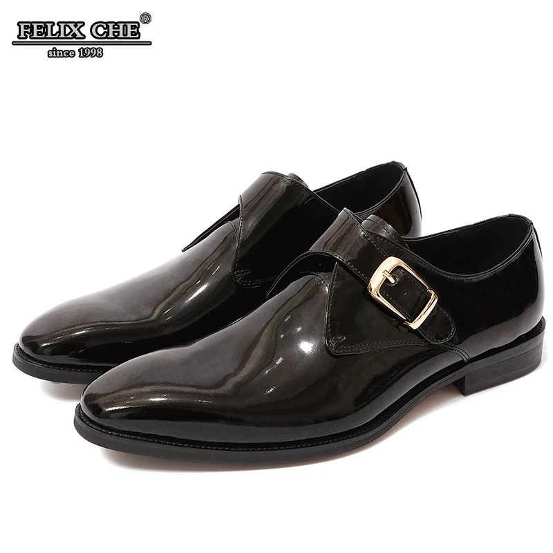 

FELIX CHU 2019 Italian Fashion Men Black Brown Dress Shoes Genuine Leather Slip On Man Formal Suit Footwear with Heels Buckle