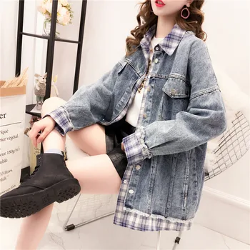 

2019 Spring Denim Jacket Women New Fake Two Coat Stitching Denim Jackets Loose Wild Tops Autumn Large Size Female Coats JIA340