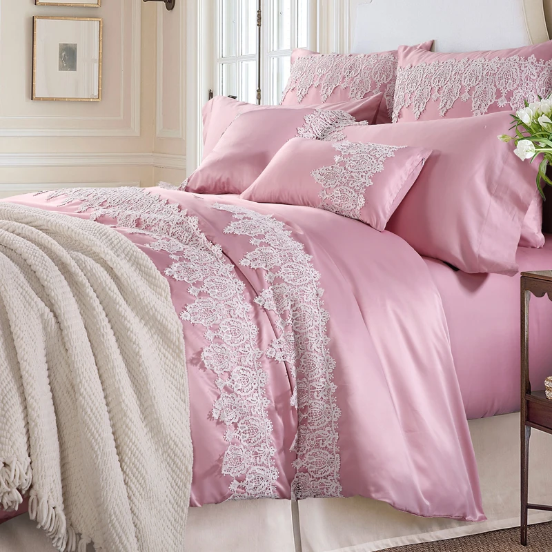 buy 2019 Lace 6pcs 4pcs Bedding Sets Queen King Size Princess Bedlinen Pink Duvet Cover Set Cotton Silk blend Fabric