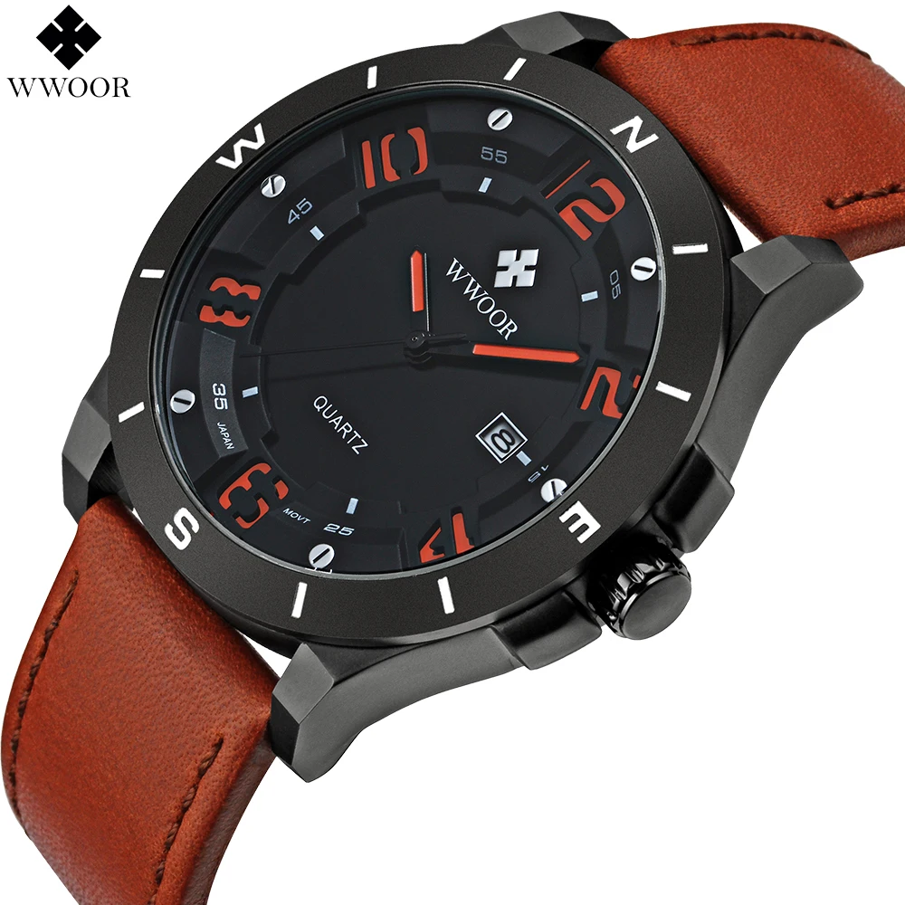 

Brand WWOOR Watches men Casual Quartz Watch reloj Leather wristwatch Army Military reloj hombre men's 3D clock relogio masculino