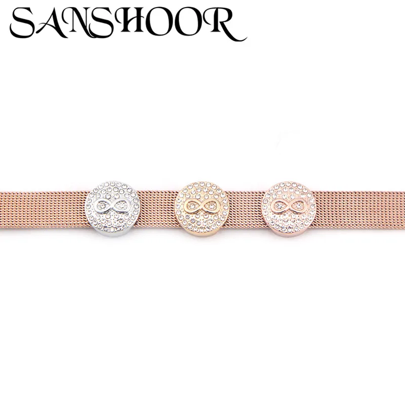 

SANSHOOR Jewelry Crystal Round Infinity Love Slide Charms Fit Stainless Steel Mesh Bracelet for DIY Accessories Making for Lover