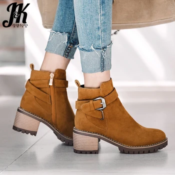 

JK Wood Heels High Boots Women Round Toe Motorcycle Boot Ladies Flock Buckle Shoes Female Flock Casual Shoes Winter 2019 New