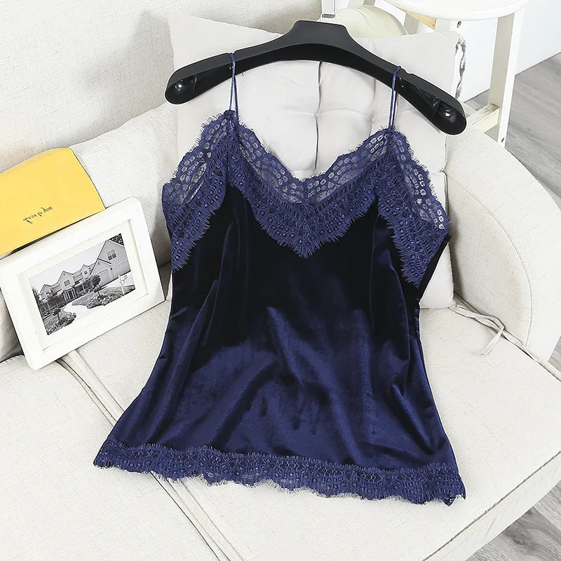 

LUO SHA 6 Colors Sexy Women's Velvet Camisole Tanks&Camis Women Summer Lace Patchwork Tanks Female Sexy Sling Lace Tops