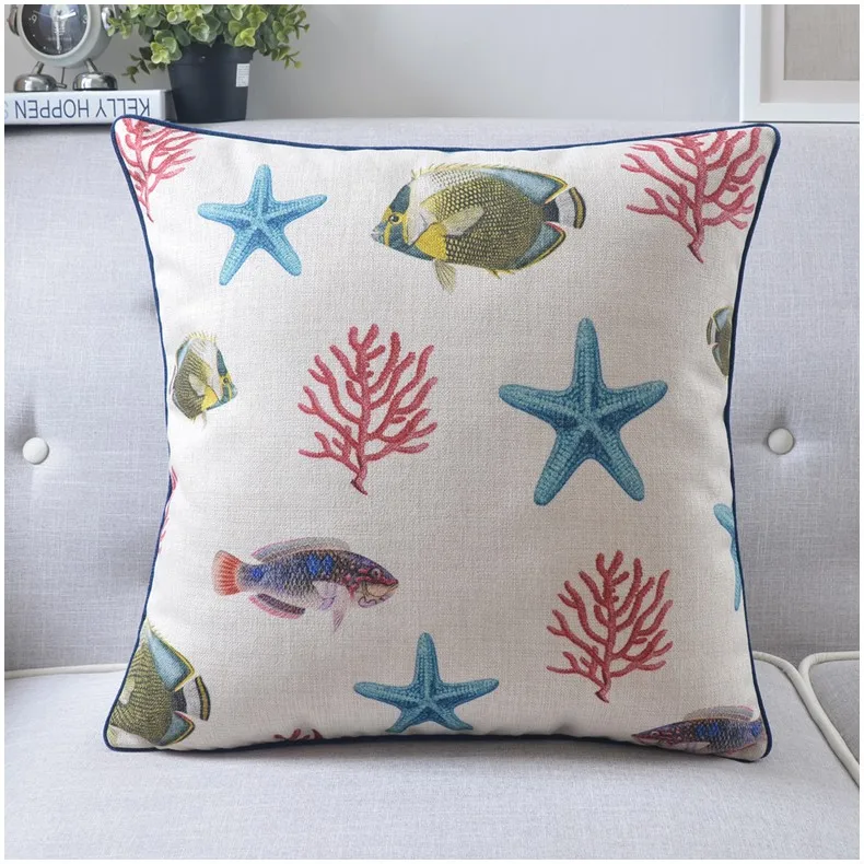 American Mediterranean Pillowcase Seaweed Starfish Linen Pillow Fish Cushion Waist Throw Pillows Home Decorative Sofa Cushions