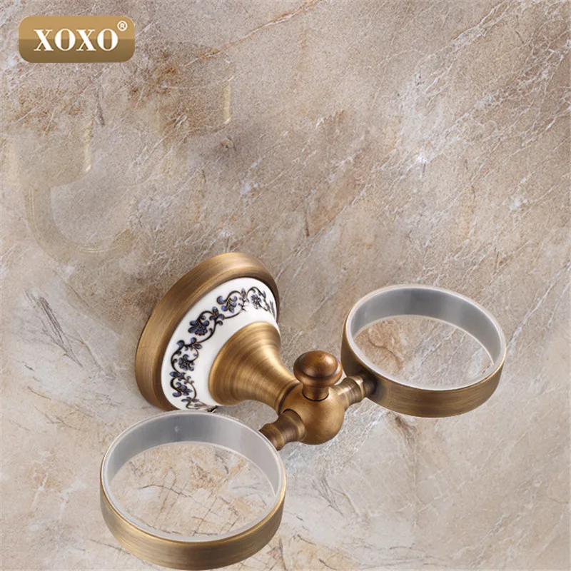 XOXOTop quality luxury European style Antique copper toothbrush tumbler&cup holder with 2cups wall mounted bath product 11084DBT
