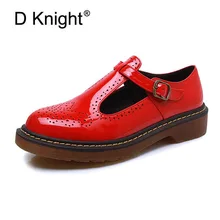 Размер 34-43; женские оксфорды; модные лакированные женские туфли на плоской подошве с Т-образным ремешком; женские повседневные туфли-оксфорды с перфорацией на плоской подошве с круглым носком и ремешком на щиколотке