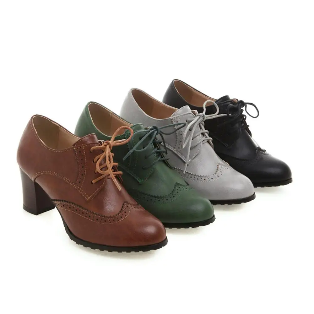 Ladies high heel Boots Lace-up cut out breathable Low Top Shoes Round toe Pumps Retro Mujer Zapatos Brown Green Black Grey 43 41