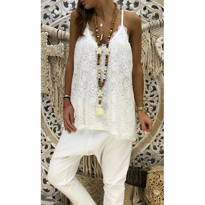 

2019 Summer Lace Shirt Women Sleeveless Low Cut V Neck Tunic Clothes Backless Spaghetti Strap Blouse Off Shoulder Top SJ2231M