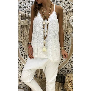 

2019 Summer Lace Shirt Women Sleeveless Low Cut V Neck Tunic Clothes Backless Spaghetti Strap Blouse Off Shoulder Top SJ2231M