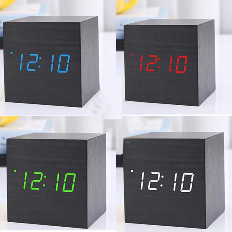 Mini LED Wood Clock Electronic Clock Wooden Alarm Clock Voice Control Luminous Bedside Table Clock Students