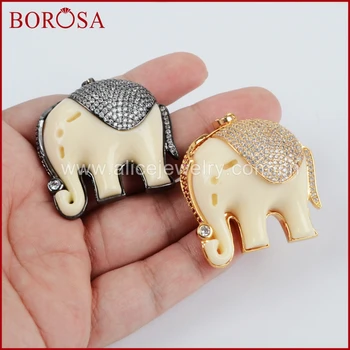 

BOROSA CZ Micro Pave Resin Elephant Shape Pendant,Gold/Black Color CZ Pave White Zircons Drusy Pendant for Women WX466