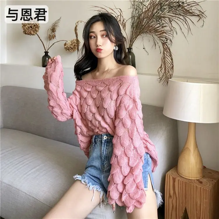 Solid Sexy Sweaters Fashion 2018 Women Loose Slash Neck Knitted Pullovers Long Sleeve Hollow Out Winter Tops for | Женская одежда