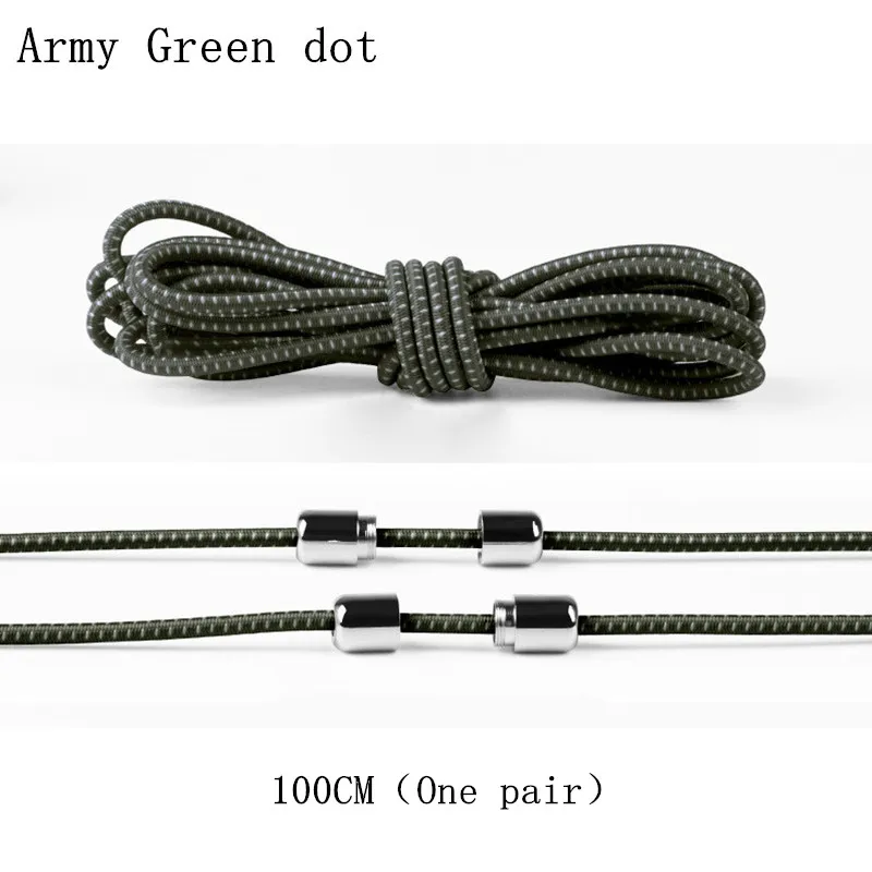 ArmyGreen dot-14 Новинка, 1 пара, унисекс, ленивые, эластичные, без завязок, круглые шнурки для ботинок, для детей и взрослых, быстро, яркие цвета, 100 см, Круглые, металлические, с головкой, шнурки - Цвет: ArmyGreen dot-14