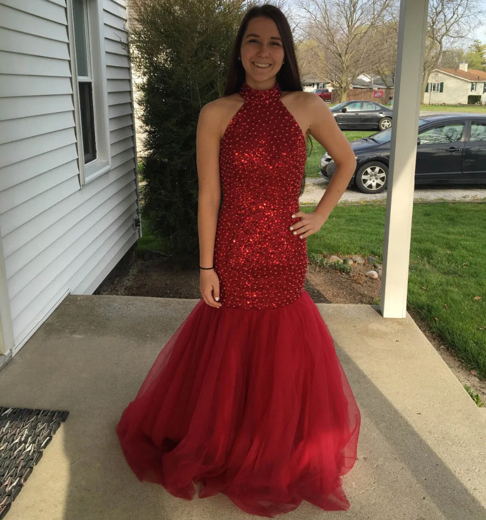 Red Floor-lengh Mermaid Prom Dresses Halter Keyhole Back Evening Dress Sequin And Beading KL213 | Свадьбы и торжества