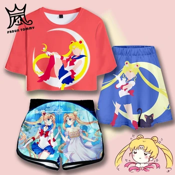 

Sailor moon Women Crop Tops and Skirt or Shorts Set veste perfecto femme Set mother and daughter Anime Japan sexy Clothes Girl