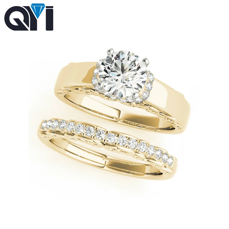 Anillos de boda de oro amarillo sólido de 14 quilates para mujer, sortijas de compromiso diamantes de moissanita redonda de 1 quilate|Personalizado - AliExpress