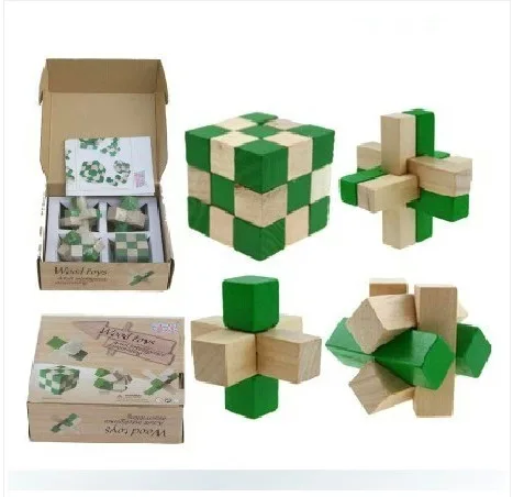 

4PCS/LOT Green 2 Color Toys Classic IQ 3D Wooden Interlocking Burr Puzzles Mind Brain Teaser Game Toy for Adults Children