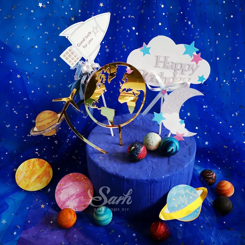 

Gold White Earth Airplane Star Cloud Spaceship Cake Topper for Party Decoration Dessert lovely Gifts