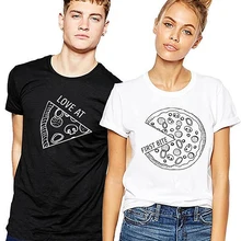 Новинка для влюбленных футболка для пары пицца печати круглый Средства ухода за кожей Шеи Пуловеры для женщин короткий рукав Женская Базовая футболка