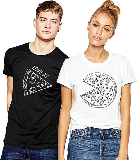 New Lovers T Shirt For Couple Pizza Printing Round Neck Pullovers Short Sleeve Women'S Basic T-Shirt