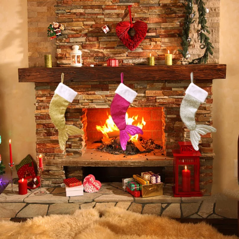 

18-Inch Satin Sequins Fishtail Christmas Stocking Candy Gift Holder Bag Xmas Tree Hanging Ornaments New Year Home Party Decorati