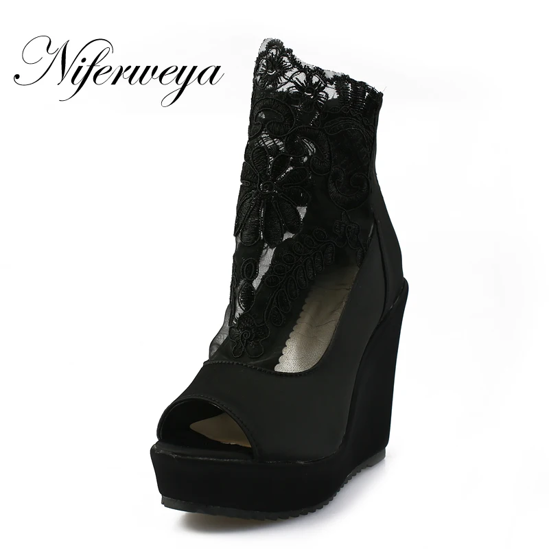 

Summer women Ankle boots sexy white Wedges Platform high heels fashion big size 28-52 zipper Peep Toe black sandals