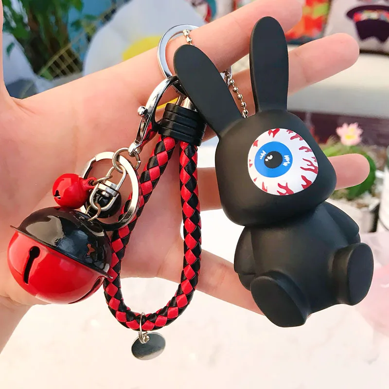 

Fluffy Rabbit Fur Pompom Key Chain Cat Vinyl Keychain Leather Rope Metal Bells Key Holder Key Chain Charm Porte Clef Pendant