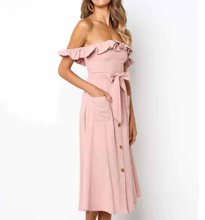 Сексуальное длинное платье с открытыми плечами и оборками; летнее платье без бретелек с вырезом лодочкой; милое розовое платье с бантом для отпуска; платья с коротким рукавом