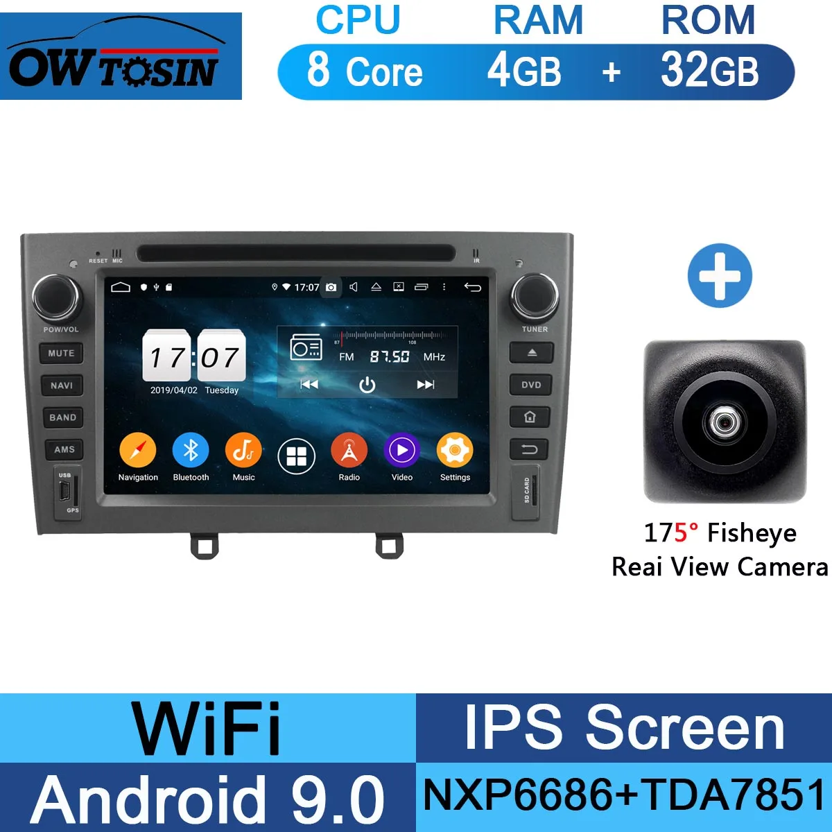 " ips Octa 8 Core 4G 64G Android9.0 автомобильный dvd-плеер для peugeot 408 308 308SW 2007-2011 DSP радио gps Parrot BT Adas мультимедиа - Цвет: 32G Fisheye Camera