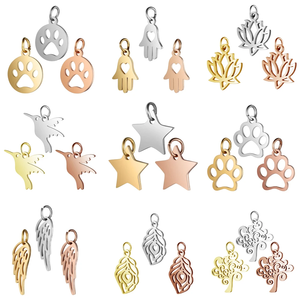 

5 Pcs/lot Gold Plated Stainless Steel Feather Wings Life Tree Lotus Charms Pendant for DIY Bracelets Jewelry Making Accessories