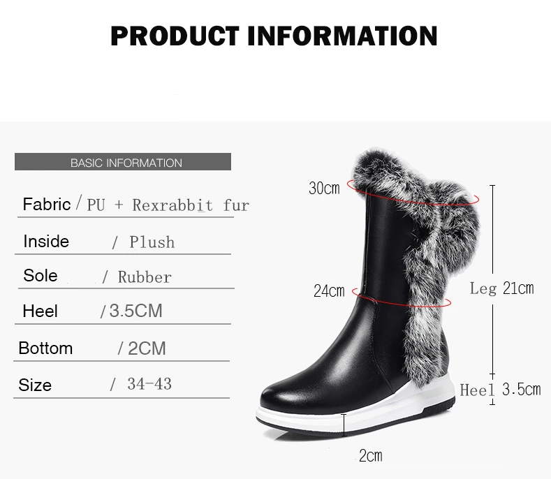 1RQFF Brand Boots Women Big size 34-43 Woman Rabbit Fur Shoes Female Snow Winter Shoes Mid-calf Shoe Leather Ladies Boot Platform
