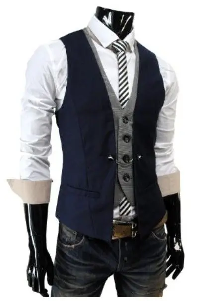 Navy Blue And Gray Mens Vests Slim Fit font b Suit b font Waistcoats For Wedding
