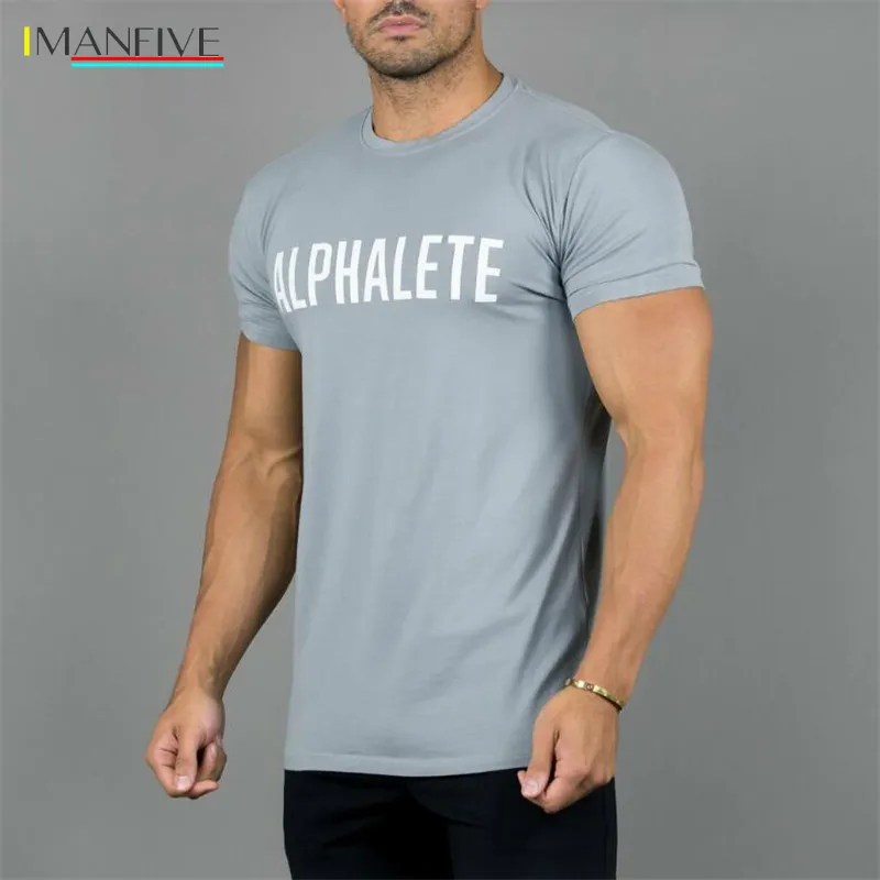 

New Bodybuilding and Fitness Mens Short Sleeve Cotton T-shirt Gyms ALPHALETE Print Shirt Men Muscle Tights Fitness T-shirts