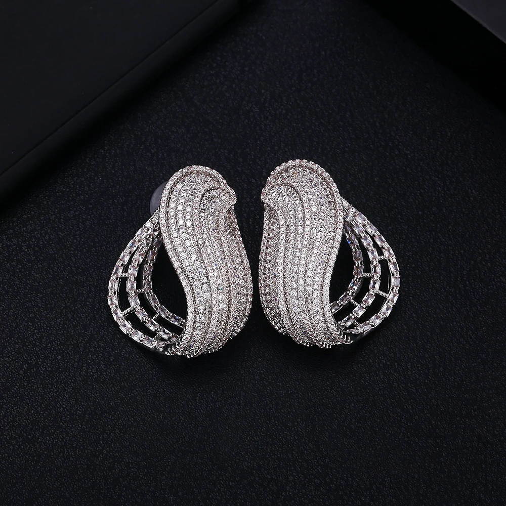 

janekelly NEW Trendy Luxury C Shape Flower Stud Earrings For Women Wedding Cubic Zircon CZ Bridal Earrings Bohemia Hot