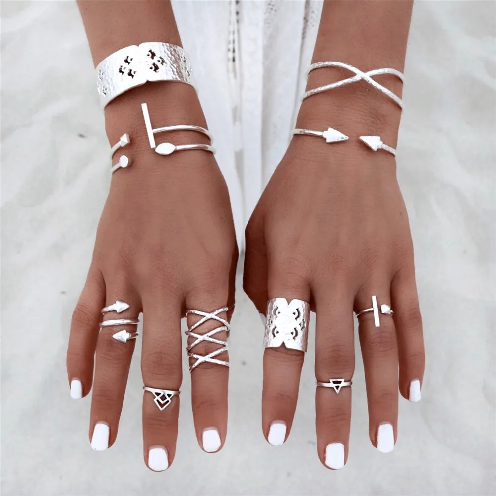 8pcs Rings Set For Women 2018 Vintage Silver Crown Full Finger Knuckle