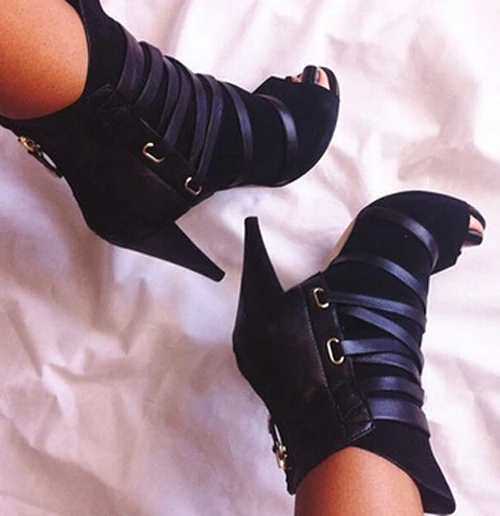 Newest Brand Women Open Toe Black Suede Leather Lace-up Ankle Boots Sexy Cut-out High Heel Boots Dress shoes woman Drop Shi Newest Brand Women Open Toe Black Suede Leather Lace-up Ankle Boots Sexy Cut-out High Heel Boots Dress shoes woman Drop Shi