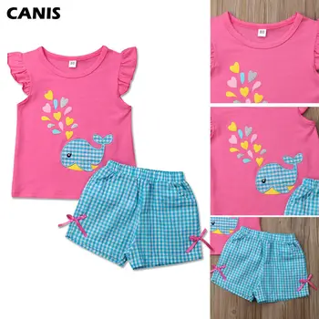 

Toddler Baby Girl Summer Clothes 2pcs Cute Whale Print T-Shirt+Short Plaids Pants Outfits Set