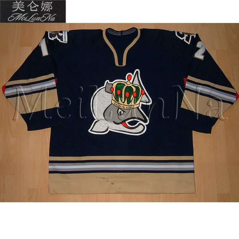 

MeiLunNa Custom ECHL Victoria Salmon Kings Hockey Jerseys Wes Goldie 11 Jordan Foote Home Road Sewn On Any Name NO. Size
