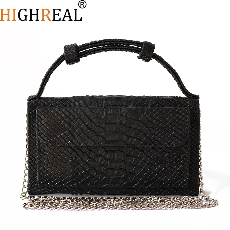 

HIGHREAL Fashion Cowhide Leather Day Clutch One Shoulder Cross-body Bag Small Crocodile Pattern Clutch Chain Drop Shopping