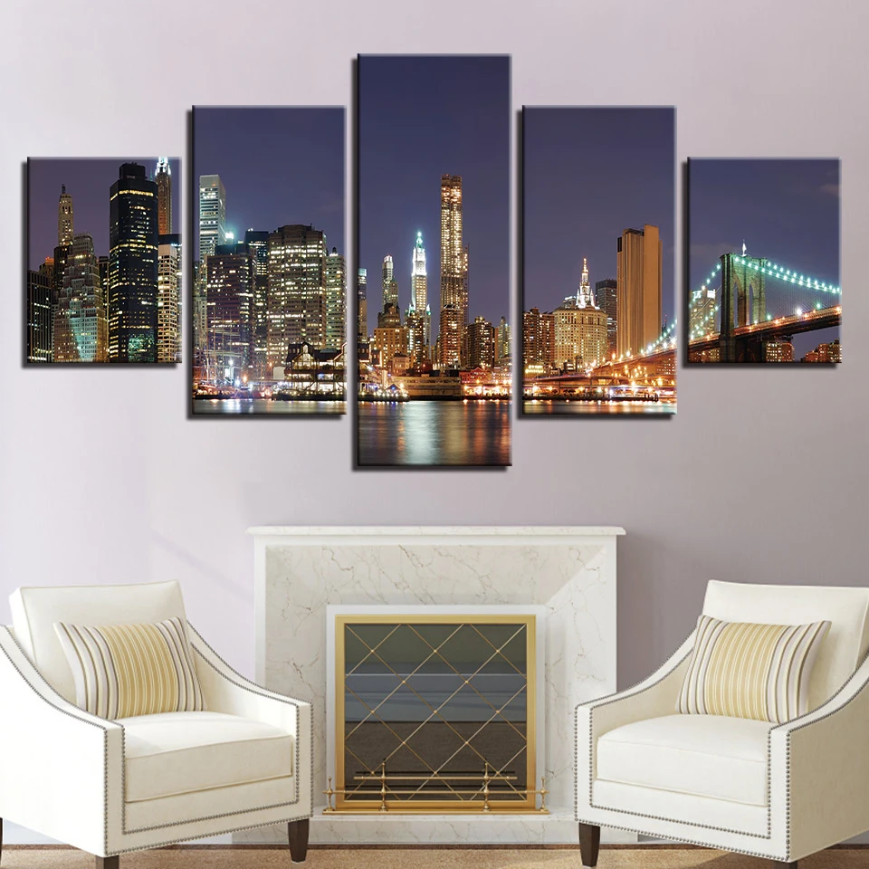 Modern Modular HD Printed Paintings 5 Panel New York City Night View ...