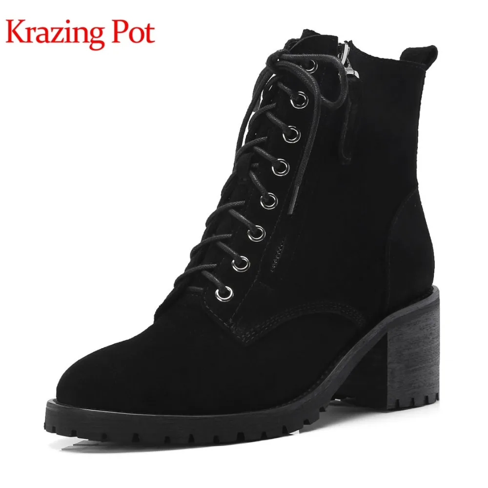 

Krazing pot hot sale full grain leather short ankle boots style high heels winter lace up British solid color Chelsea boots L76