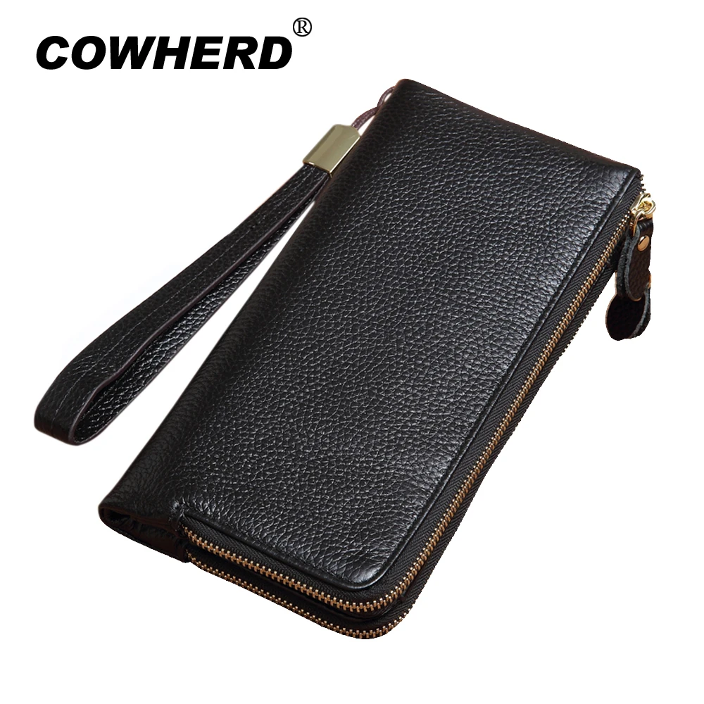 

Top Grain Unisex Genuine Leather Wristlet Wallet Double Zipper Pocket Clutch Bag Coin Purse Card Holder