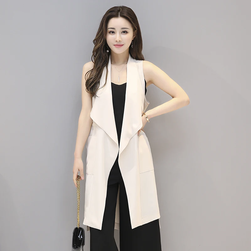 

Women Vest Open Stitch Waist Strings Solid White New Korean Chiffon Waistcoat Spring and Summer 2019 Vests Long