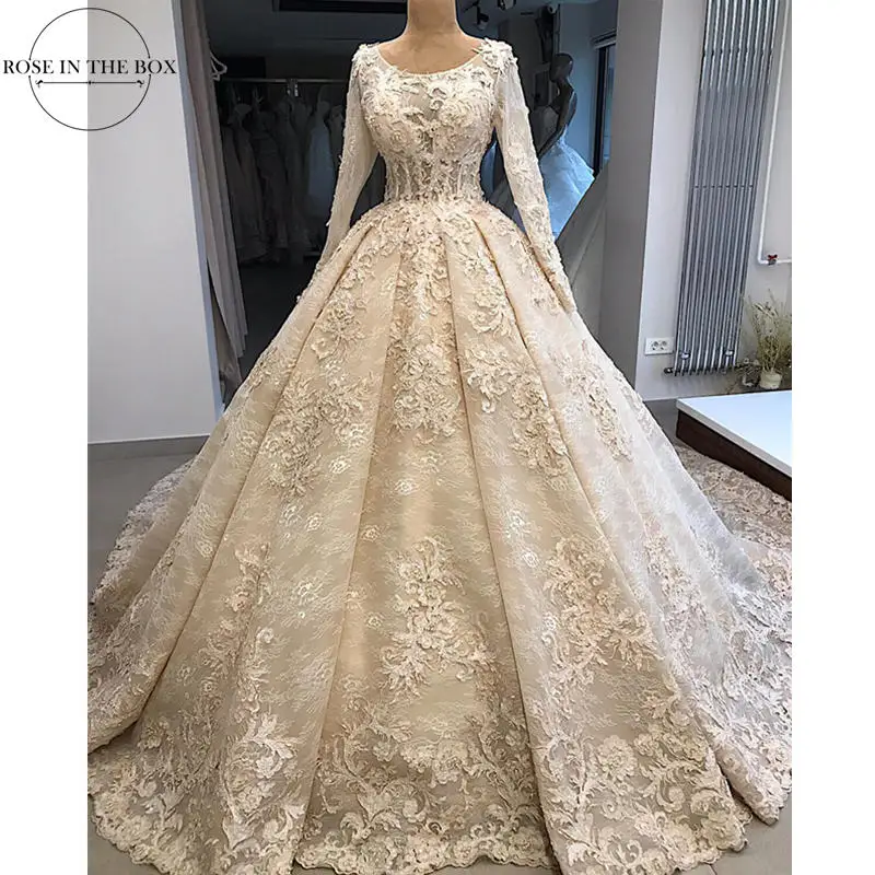 Vestido De Novia роскошное кружевное свадебное платье с бусинами вечернее платье с длинными рукавами De Mariee изготовление на заказ Шлейфы для свадебных платьев - Цвет: Шампанское