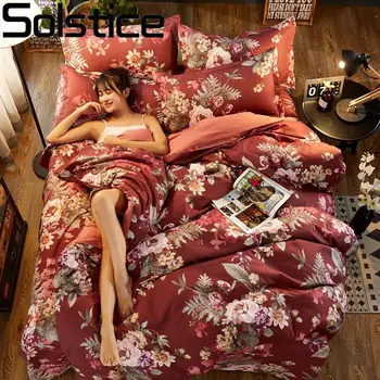 

Solstice Home Textile Flower Red Bedding Set Girls Teen Linens Duvet Cover Sheets Pillowcase Woman Adult Bedclothes Queen Single